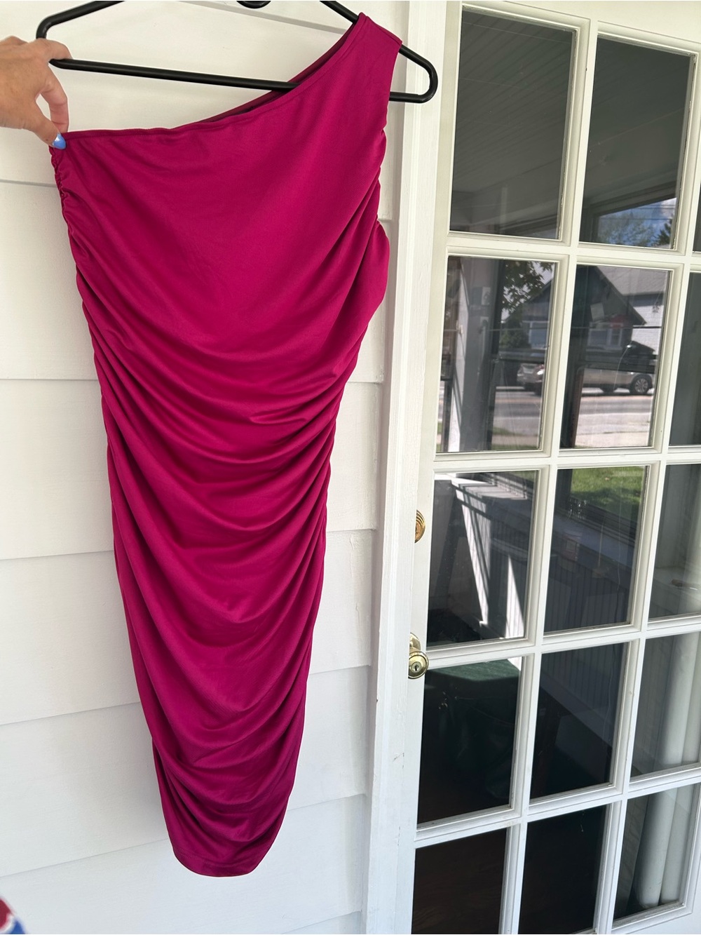 One-Shoulder Ruched Dress in Fuchsia